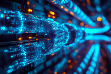 Poster - Vividly glowing blue fiber optic cables run through an advanced network setup, showcasing technology and connectivity