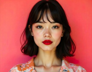 Wall Mural - A close-up portrait of a young Caucasian woman with dark hair, wearing bold red lipstick and dramatic eye makeup with pink and white eyeshadow against a pink background