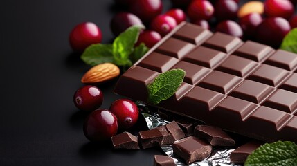 A dark chocolate bar lies on foil, surrounded by cranberries and almond pieces, beautifully arranged for a striking effect