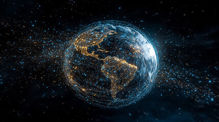 Poster - Global internet connections create a stunning visual of illuminated regions across the planet in a dark cosmos