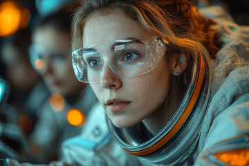 Poster - A team of researchers using AI to analyze astronomical data, discovering new planets and advancing space exploration. Concept of science.