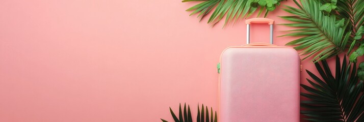 Poster - A stylish pink suitcase is placed beside lush tropical leaves, creating an inviting and fun atmosphere for travel excitement and adventure. Generative AI