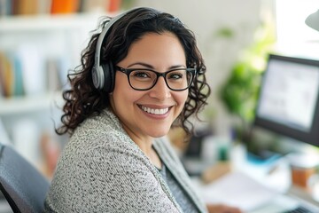 Wall Mural - Smiling woman with headphones in office setting