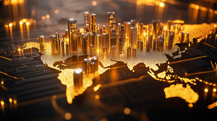 Poster - The world map is illuminated with golden highlights representing major cities, creating a captivating visual effect