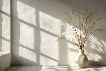 Canvas Print - Serene Interior with Dried Grass in a Vase and Soft Shadows