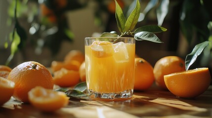 Poster - A glass filled with refreshing orange juice is surrounded by ripe oranges and lush green leaves, creating a vibrant atmosphere. Generative AI
