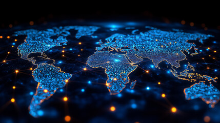 Poster - AI network nodes illuminate continents, showcasing global connectivity and data flow in a digital landscape