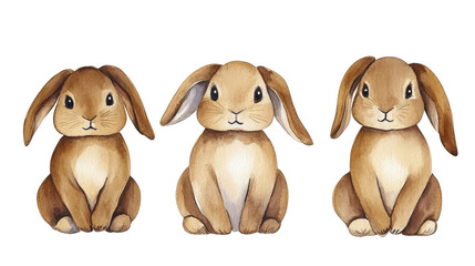 Poster - Three Cute Watercolor Bunny Illustrations on White Generative AI