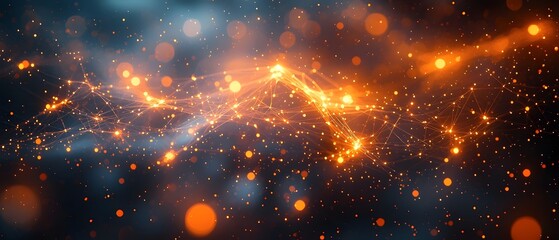 Poster - An abstract illustration featuring a dynamic flow of golden and orange lights amidst a dark blue backdrop, symbolizing connectivity and digital energy.