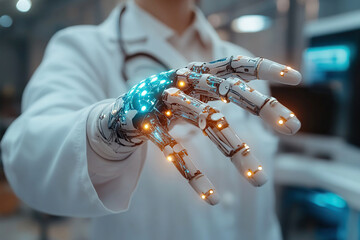 Doctor with metal arm equipped with artificial intelligence in hospital. Concept of artificial intelligence in medicine. Generated by artificial intelligence