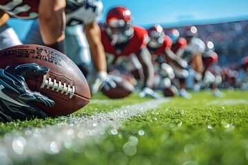 intense football action: players ready for the snap