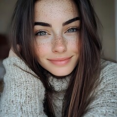 A young Caucasian woman with striking blue eyes and freckles smiles warmly, wearing a cozy beige sweater. Soft, natural light enhances her radiant complexion.