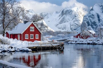 Wall Mural - Serene Winter Landscape with Red Cabins and Snow-Capped Mountains