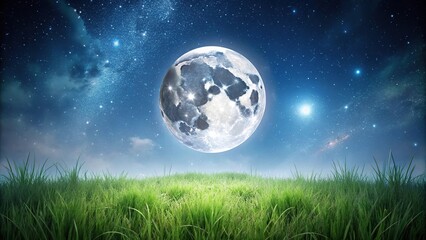 Wall Mural - scenic view of full moon shining on grass with starry sky background