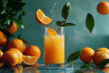 A glass of refreshing orange juice splashes while fresh oranges and green leaves create a vibrant, inviting atmosphere. Generative AI