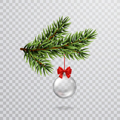 Christmas tree ball with red ribbon and green fir branche isolated on transparent background. Vector glass xmas ornament, pine evergreen plant element template