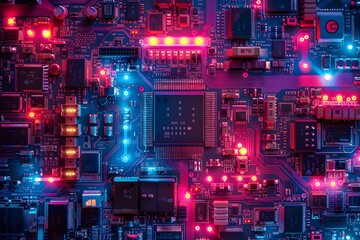 Poster - vibrant circuit board with illuminated components and complex design