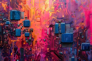 Poster - Vibrant Circuit Board Design with Colorful Patterns and Microchips