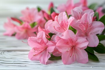 Canvas Print - Beautiful Pink Azalea Blooms on a Rustic Wooden Surface