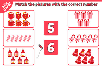 Christmas math educational kids game. Count objects, match it with the correct number. Counting task with cartoon candy, Xmas holiday mugs and others. Activities page for children education. Vector.