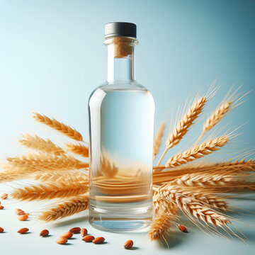 Almond oil in glass bottle on blue background with wheat ears