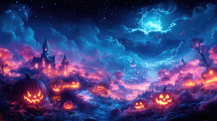 Eerie glowing pumpkins illuminate a whimsical Halloween scenery featuring a haunted house under a moonlit, starry sky