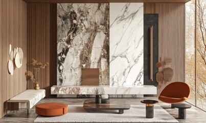 interior design material sample moodboard with luxury surfaces like marble and wood