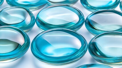 Fototapete - Multiple transparent blue spheres on a white surface, showcasing symmetry, clarity, and a modern minimalist design with a futuristic touch, Generative Ai