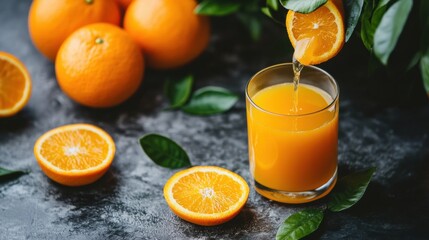 Poster - Fresh orange juice is poured into a glass alongside vibrant oranges and green leaves, creating a lively and refreshing setting. Generative AI