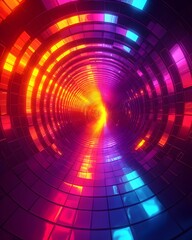Poster - An abstract tunnel of vibrant hues, featuring a blend of orange, pink, and blue lights that create a mesmerizing, futuristic atmosphere.