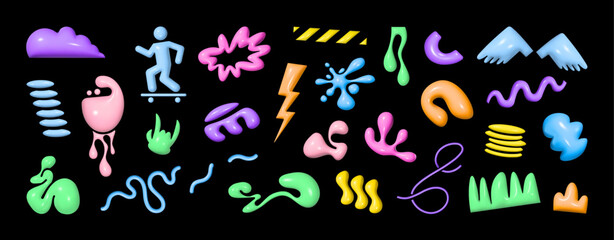 Poster - Quirky and fun 3D shapes, geometric shapes, with a psychedelic twist. Groovy and funky elements, retro graphic 3D set. Various bright shapes for bold design. Plastic realistic figures. Vector elements