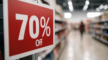 Deceptive Bait-and-Switch Sale - Customer Confused at 70% Off Sign in Store for Misleading Offer Concept