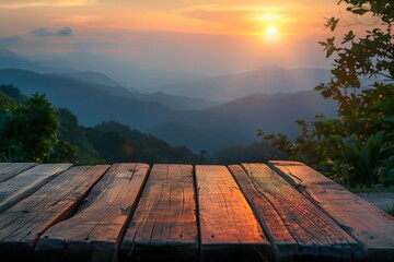 Wall Mural - Serene Sunset Over Mountain Landscape with Rustic Wooden Table