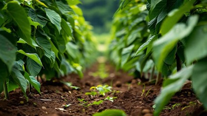 Fototapete - This Healthy plants thrive in well-tended rows in fertile soil under bright sunlight.