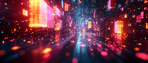 Poster - A vibrant digital network of glowing data streams in bright blue and orange hues, creating a futuristic and dynamic atmosphere of technology and innovation.