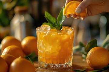 Poster - A vibrant glass of orange juice filled with ice is garnished with a fresh orange slice and mint leaves, set on a wooden surface. Generative AI