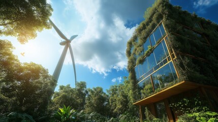 Aufkleber - Sustainable eco-friendly house with a wind turbine, blending modern architecture and renewable energy in a green environment for a better future, Generative AI
