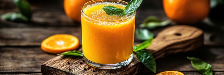 Poster - A glass of refreshing orange juice sits on a wooden board, surrounded by freshly cut oranges and vibrant mint leaves. Generative AI