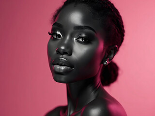 Beautiful black woman posing with trendy makeup on pink background