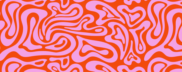 Poster - Psychedelic groovy trippy y2k retro seamless pattern in red pink colors. Valentine's day holiday background texture liquid romantic heart shape. Vector illustration 