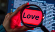 © Sergey - Written word love on keyboard red button viewed through the magnifying glass. Close up of male hand with loupe searching for love in internet. Concept of love search online. Dating services in net i