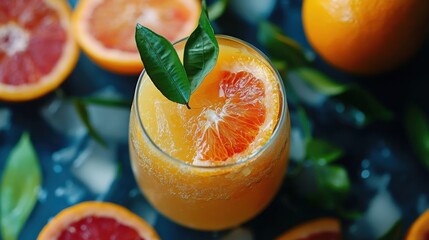 Poster - A glass of refreshing orange juice garnished with orange slices and leaves, resting on a table amid fresh oranges and greenery. Generative AI