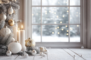 Poster - Christmas tree adorned with glowing candles and vibrant decorations, casting a warm and festive atmosphere in a cozy living room.