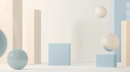 Poster - Floating spheres and blocks in pastel tones create a modern, minimalist space. Blue, beige, and white hues add elegance to the futuristic design. Clean platform for product displays