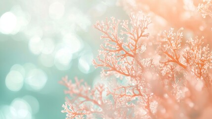 Poster - Enchanting underwater scene with coral growth, illuminated by the sun's rays filtering through the water, creating a serene backdrop in soft hues of turquoise, blue, pink, and orange