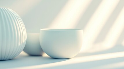 Poster - Composition of white vases with window light illuminating from the right side, creating a serene and minimalist aesthetic