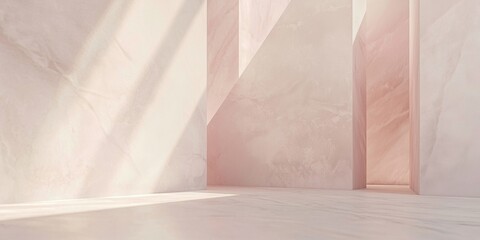 Poster - Minimal pink interior with sunlight illuminating an empty room with marble walls, creating a luxurious and serene atmosphere