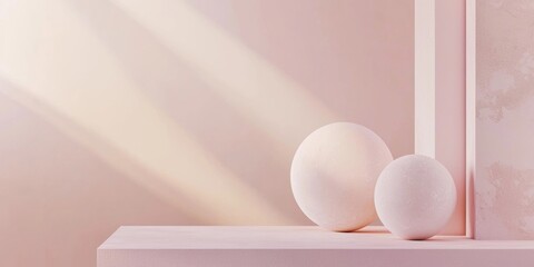 Poster - Minimal pink still life composition featuring two spheres sitting on a table, with sunlight casting shadows on the wall