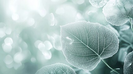 Green leaves are backlit by the sun, creating a beautiful bokeh effect in the background with a teal and white color palette