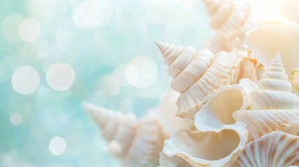 Poster - Arranged seashells on turquoise background evoke summer vibes with elegant bokeh, perfect for marine-themed designs. Captures essence of tropical beach holiday with serene beauty